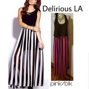 Delirious pink/blk semi-sheer georgette maxi dress